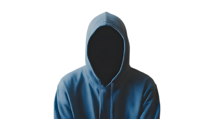 Mysterious Figure in a Blue Hoodie with a Blank Faceless Appearance in an Undefined Space