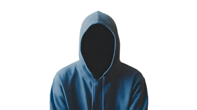 Mysterious Figure in a Blue Hoodie with a Blank Faceless Appearance in an Undefined Space