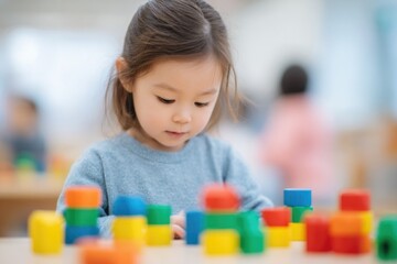 preschool child immersed in colorful learning activity vibrant tools around softly blurred background