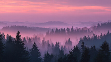 Fototapeta premium A view of a forest covered in mist at sunset with a pink and purple sky in the background landscape