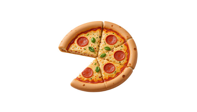 A deliciously rendered pizza with one slice removed, featuring a golden crust, melted cheese, savory pepperoni slices, and fresh green basil, perfect for food-related icons and designs.