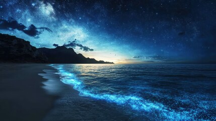 Obraz premium Captivating night sky over ocean waves coastal beach stunning landscape photography tranquil environment serene viewpoint