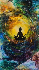 Meditative figure within vibrant, abstract landscape.