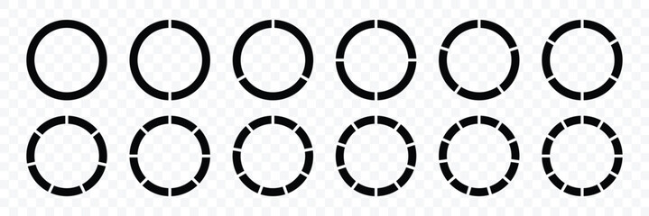 Circle pie chart diagram. Pie chart divided 2, 3, 4, 5, 6,7, 8, 9, 10, 11, 12. Segment slice sign. Vector illustration