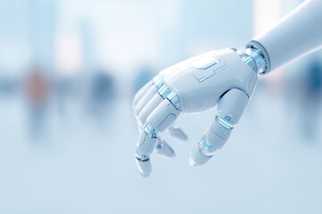 robotic hand reaching towards front of frame with blurred figures in background for of integration in society clean