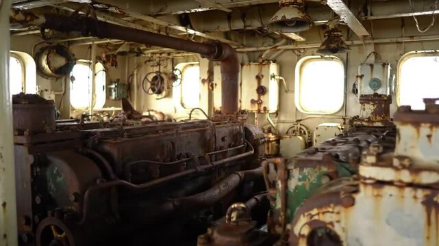 Dilapidated ship engine room with rusted machinery