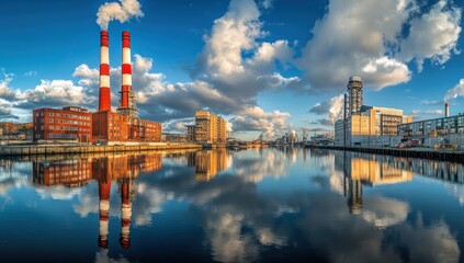 Industrial Waterfront Panorama: Power Plant Reflection
