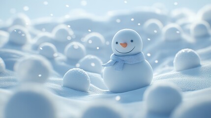 Playful snowman surrounded by snowballs in winter scene.
