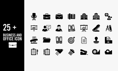 Black Business and Office Icons Set. A collection of business and office icons including furniture, tools, documents, and symbols of achievement and organization.