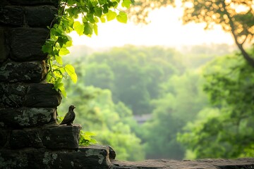 Obraz premium Bird perched on stone wall, lush scenery