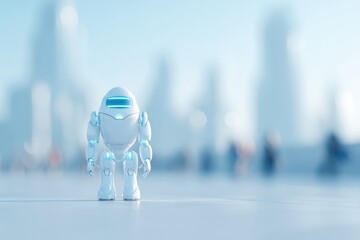 solitary humanoid robot stands prominently in bright minimalistic setting atop urban landscape with blurred silhouettes