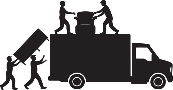Silhouette of Movers Loading Furniture onto Truck in Moving Company Scene