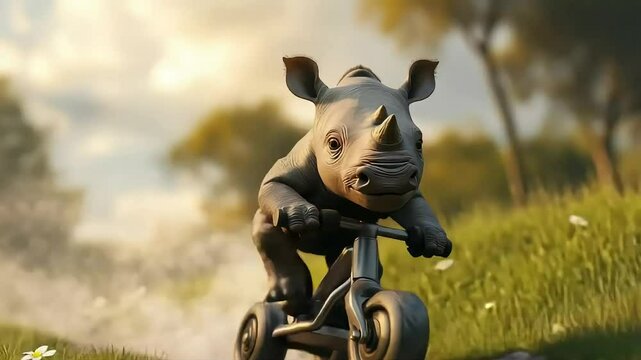 Rhinoceros riding tricycle outdoor scene