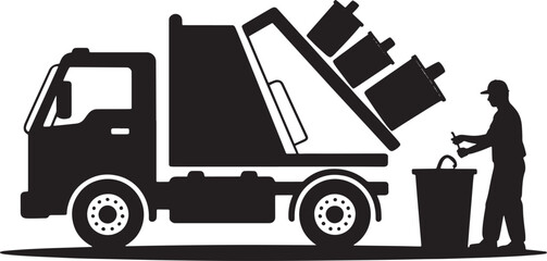 Garbage Truck Collecting Waste with Worker in Black and White Illustration Style