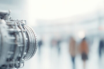 aviation engine on display with blurred human figures in background achieving minimalistic composition