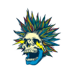 Crazy skull with crazy hair with sparks from eyes. T-shirt design, stickers, print.