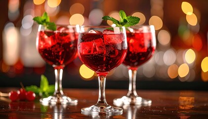 Red cocktails with bar setting.