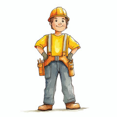 Cheerful Cartoon Construction Worker in Yellow Uniform