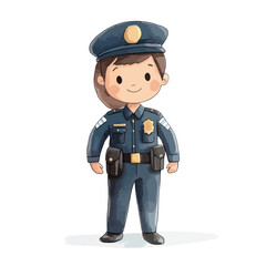 Cheerful Cartoon Girl Police Officer in Uniform