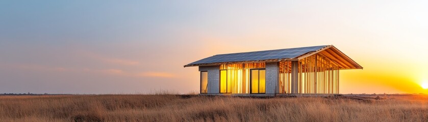 Naklejka premium Solar House Frame at Sunset, Renewable energy, Construction