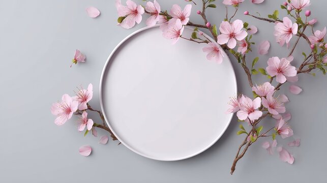 Elegant white plate surrounded by delicate pink cherry blossoms