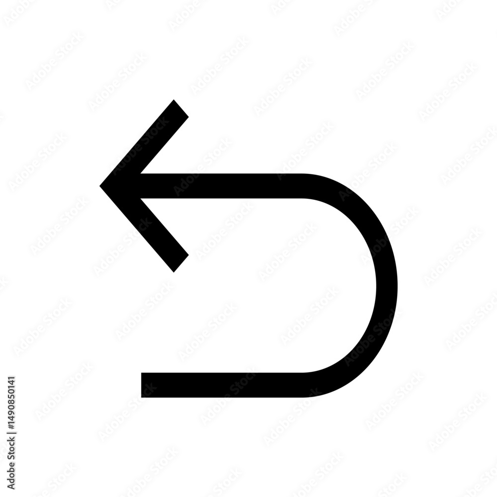 Poster black arrow pointing left with a curved tail forming a u shape on a white background in a simple des