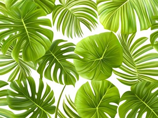 Summer banner featuring a background design of tropical leaves pattern with monstera and yellow palm