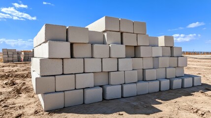 Stacked Concrete Blocks on Construction Site under Blue Sky, building, cinder blocks