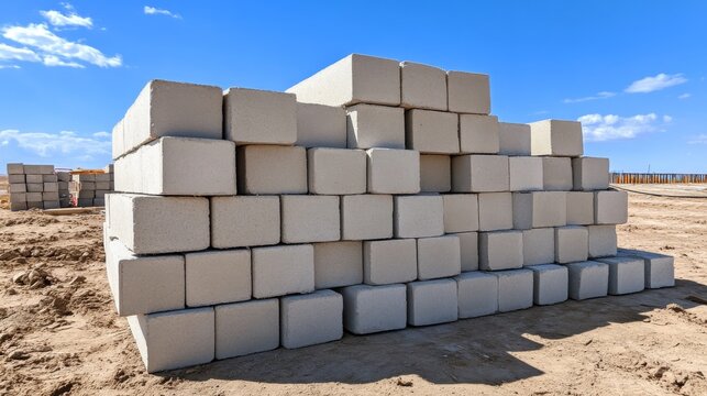Stacked Concrete Blocks on Construction Site under Blue Sky, building, cinder blocks