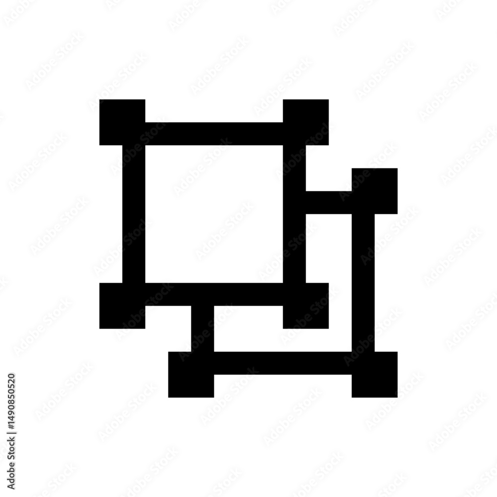 Poster overlapping square grids with thick black lines creating an abstract geometric design on a white bac