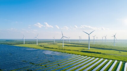 drone-shot aerial view capturing vast renewable energy farm with solar panels and wind turbines showcasing clear pristine