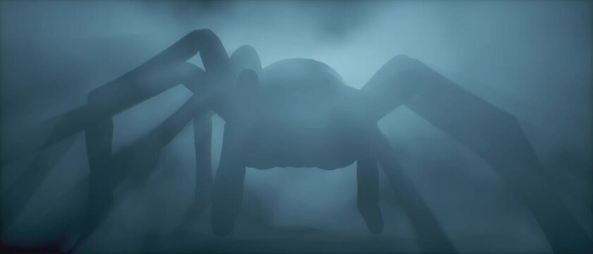 Giant spider silhouette emerging from fog in dramatic backlight. Creepy horror scene in misty darkness, perfect for thriller, mystery, or Halloween themed projects. 3d render.