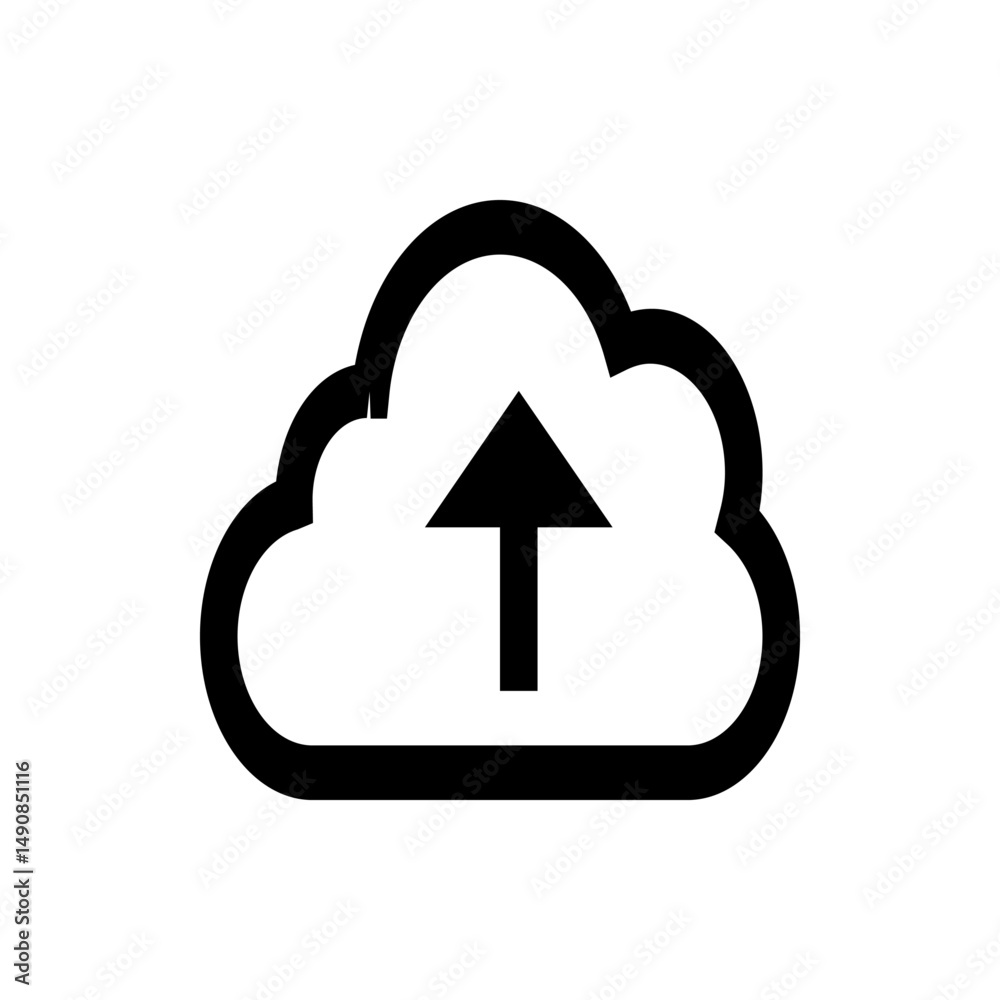 Poster simple black and white cloud outline with an upward pointing arrow inside indicating upload function