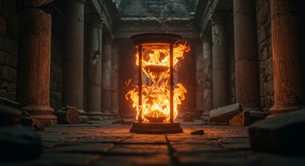 Fototapeta premium Flaming Sands of Time's End - A burning hourglass in ancient ruins; concepts of time, destruction, mortality, fate, and ephemerality