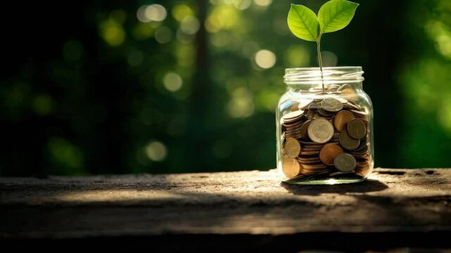 A close-up, eye-level shot of a jar filled with coins and a sprouting plant, symbolizing growth and investment, ideal for a financial video. Live desktop wallpaper.