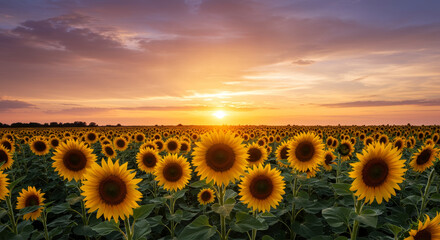 Fototapeta premium Friday Sunset Sunflowers Field - Serene sunset over a vast sunflower field. Symbolizing joy, warmth, summer, nature's beauty, and the end of a week