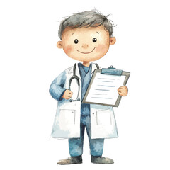 Cheerful Watercolor Doctor Character Holding Medical Records