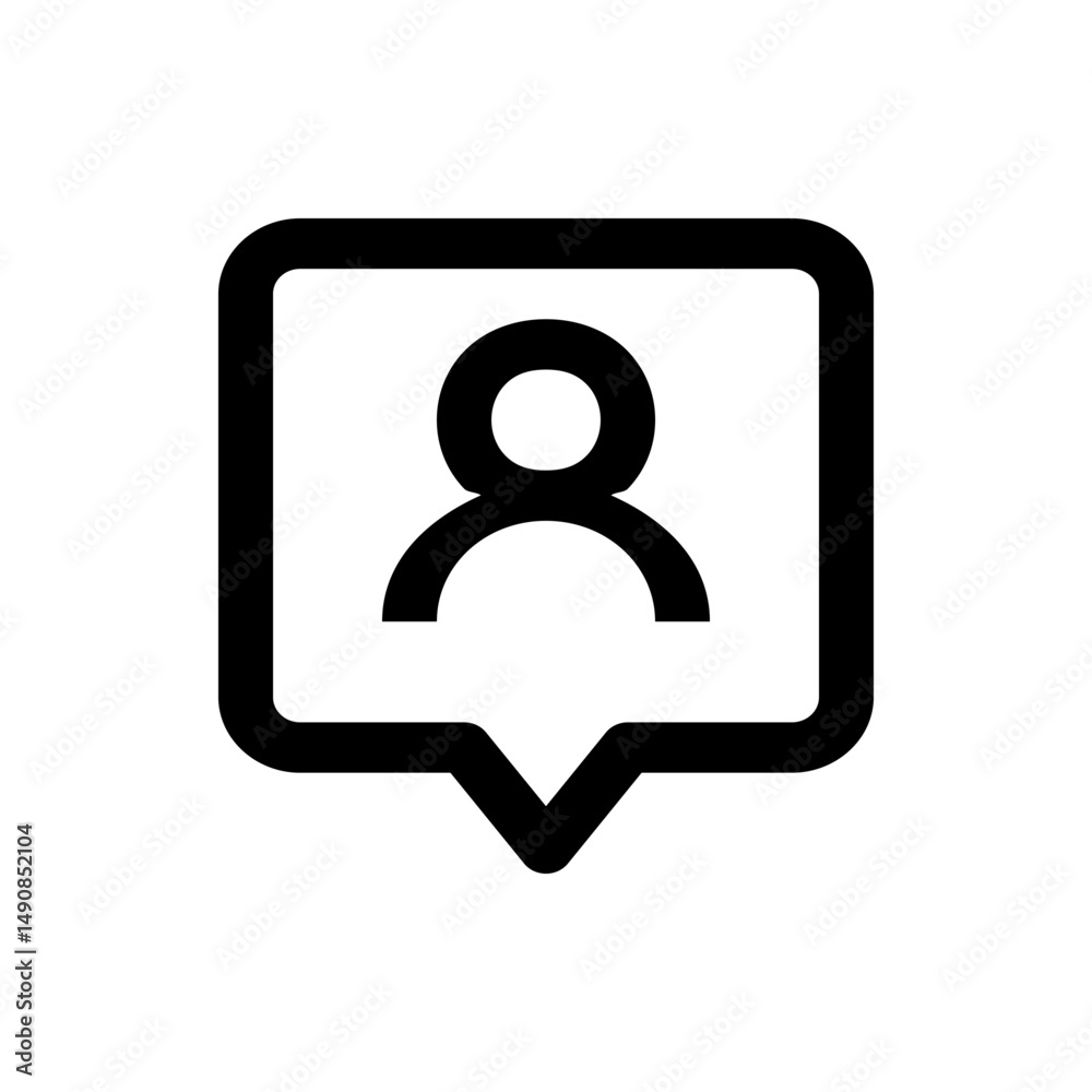 Poster black outline of a person icon inside a rounded square speech bubble with a pointed bottom shape des