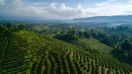Aerial view of a green tea plantation with rolling hills under a cloudy sky.