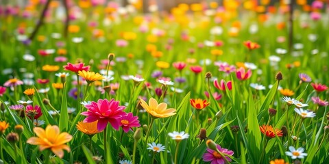 Fototapeta premium Vibrant green meadow bursting with spring blooms against a colorful backdrop, leaves, tranquil