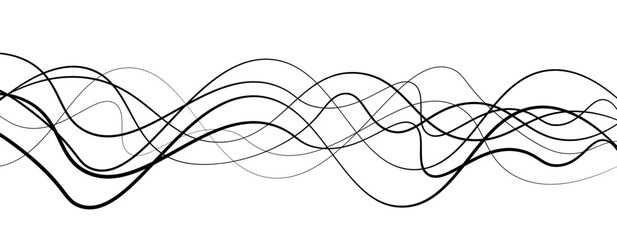 Abstract design featuring thin, elegant wave black lines flowing gracefully across a clean white background. The lines should appear delicate and dynamic, with smooth curves and varying opacity.