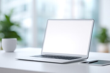 Fototapeta premium minimalistic interactive presentation scene on modern desk with laptop digital tablet and stylus pen