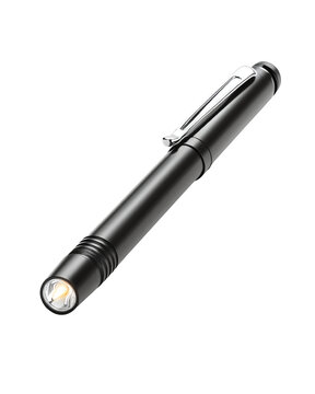 Isolated transparent A sleek black pen flashlight, combining practicality with style for everyday use. PNG die-cut element for advertising