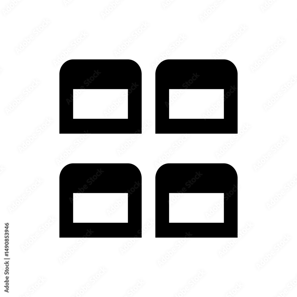 Poster illustration of four black rectangular shapes with rounded corners arranged in a square grid pattern