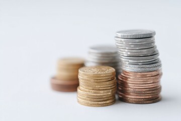 stacks of various currency coins neatly arranged on plain white surface with ample copy space setup emphasizes minimalistic
