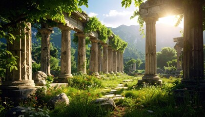 Ruins overgrown with flowers.