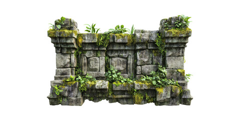 Ancient Stone Wall With Moss And Plants. Historical Architecture And Nature Integration Isolated On Transparent Background