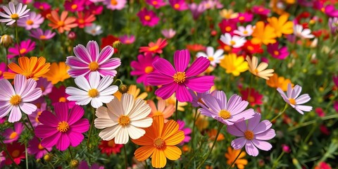 Vibrant cosmos flowers in full bloom, showcasing a rainbow of colors in a lush garden,  pink, vibrant