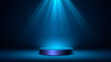 technology blue background of exhibit booth stage and glowing light and rays