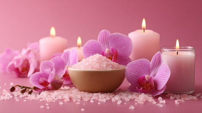 Pink spa setting with candles and orchids
